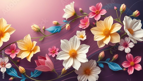 A vibrant abstract background with detailed floral elements in shades of pink, yellow, and white. Perfect for fresh and lively design projects.