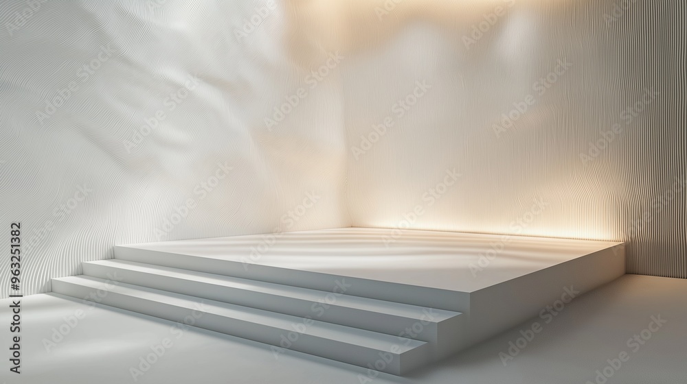 A refined white display platform positioned against a textured white wall, the walls featuring subtle, curving patterns and illuminated by soft gradient lighting. The sleek platform and luxurious A refined white display platform positioned against a textured white wall, the walls featuring subtle, curving patterns and illuminated by soft gradient lighting. The sleek platform and luxurious