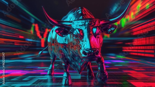 A striking digital bull symbolizes market optimism with vibrant colors and dynamic lines representing financial growth and prosperity. photo