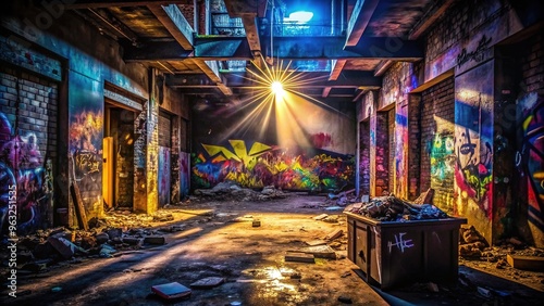 High contrast lighting with dark shadows and areas of light revealing graffiti and trash photo