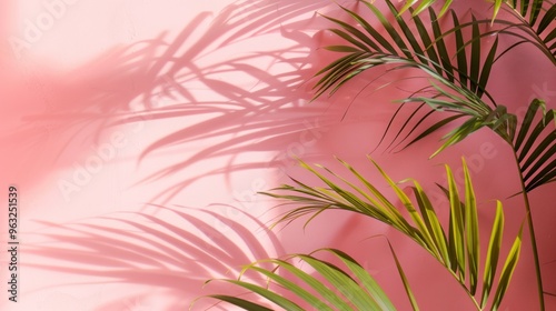 A dreamy, ethereal palm leaf shadow cast on a pastel pink wall, as if captured in a hazy summer dream.