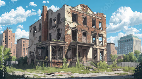 Abandoned post apocalyptic urban city town house ruins. empty aged old building exterior derelict. decayed skyscraper apartment buildings. Abandoned Building. Illustration