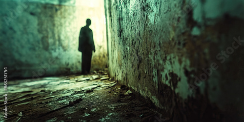 Whispered Secrets of the Unseen - A shadowy figure lurking in the corner of a dusty, forgotten room.