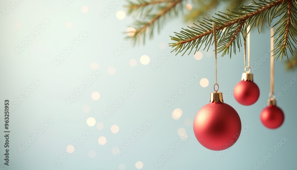 A minimalist Christmas scene featuring red ornaments hanging from a snow-covered pine branch, creating a serene and festive atmosphere. A minimalist Christmas scene featuring red ornaments hanging from a snow-covered pine branch, creating a serene and festive atmosphere.