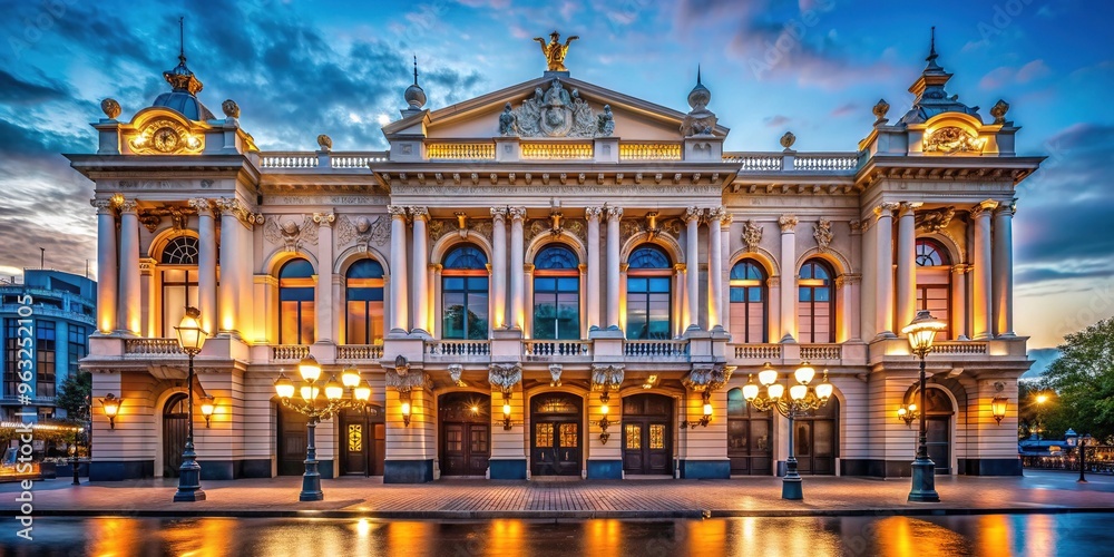 Obraz premium Historic landmark theater's grand facade shines at dusk, ornate details and majestic columns illuminate against a vibrant blue sky with city lights reflecting below.