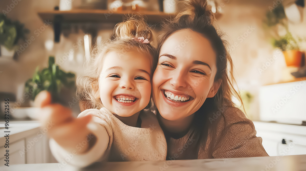 A joyful mother and little girl share a sweet selfie moment in the kitchen, capturing the essence of love and connection during their happy time together A joyful mother and little girl share a sweet selfie moment in the kitchen, capturing the essence of love and connection during their happy time together