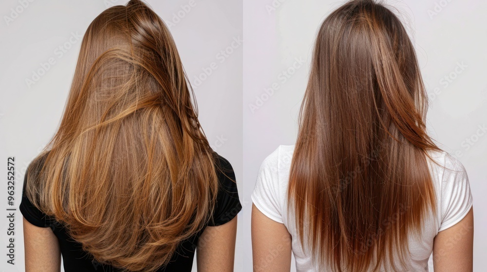 Hair transformation from sick and damaged to healthy and straightened. Concept Hair care, transformation, healthy hair, damaged hair, straightened hair5
