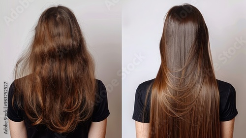 Hair transformation from sick and damaged to healthy and straightened. Concept Hair care, transformation, healthy hair, damaged hair, straightened hair 