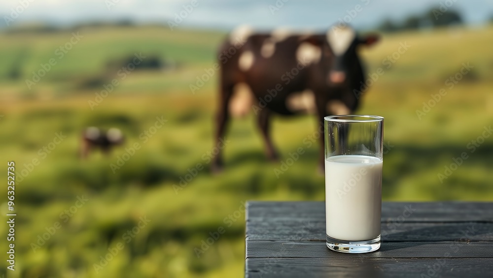 Fresh milk in glass on dark wooden table and blurred landscape with cow on meadow Fresh milk in glass on dark wooden table and blurred landscape with cow on meadow
