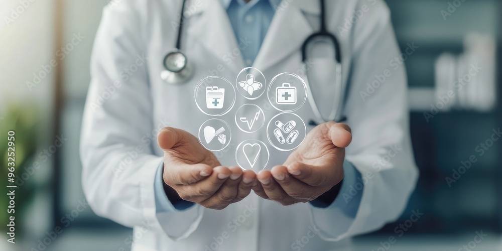 A male doctor holds healthcare icons, representing health insurance and patient care. A male doctor holds healthcare icons, representing health insurance and patient care.