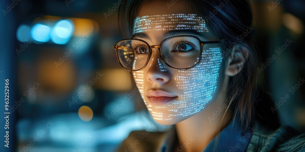 Portrait of a female startup entrepreneur working on a computer with code projected onto her face, symbolizing innovative app development with AI.