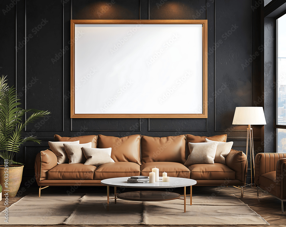 Stylish Living Room with Empty Poster Frame Mock-up and Brown Leather Sofa Against Dark Wall Stylish Living Room with Empty Poster Frame Mock-up and Brown Leather Sofa Against Dark Wall