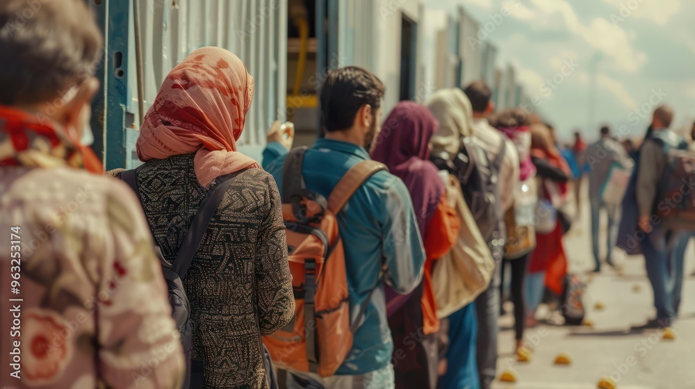 Obraz premium Refugees in line at border crossing in humanitarian crisis seeking safety. Concept Refugee Crisis, Border Crossing, Humanitarian Aid, Seeking Safety, Urgent Assistance