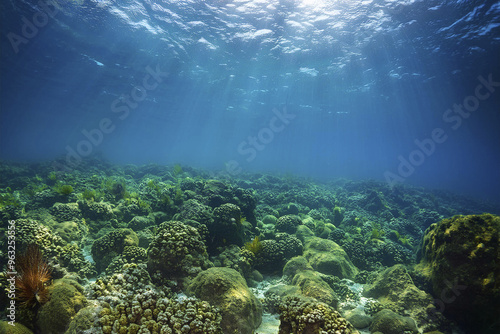 Underwater. Underwater Background Of The Ocean Bottom. Dark blue ocean surface seen from underwater. Underwater with fishes. Turquoise ocean water with sandy bottom underwater. Underwater world.