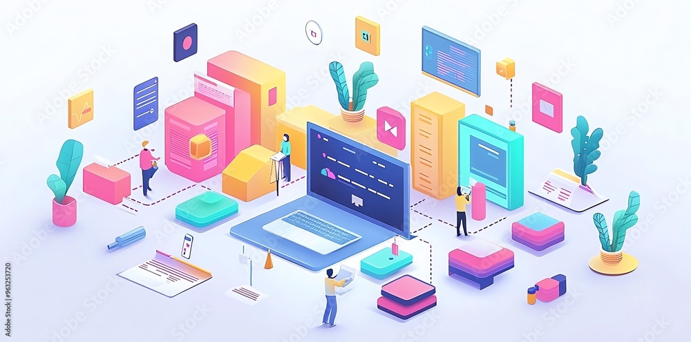 Isometric Illustration of a Team Working on a Project. Isometric Illustration of a Team Working on a Project.