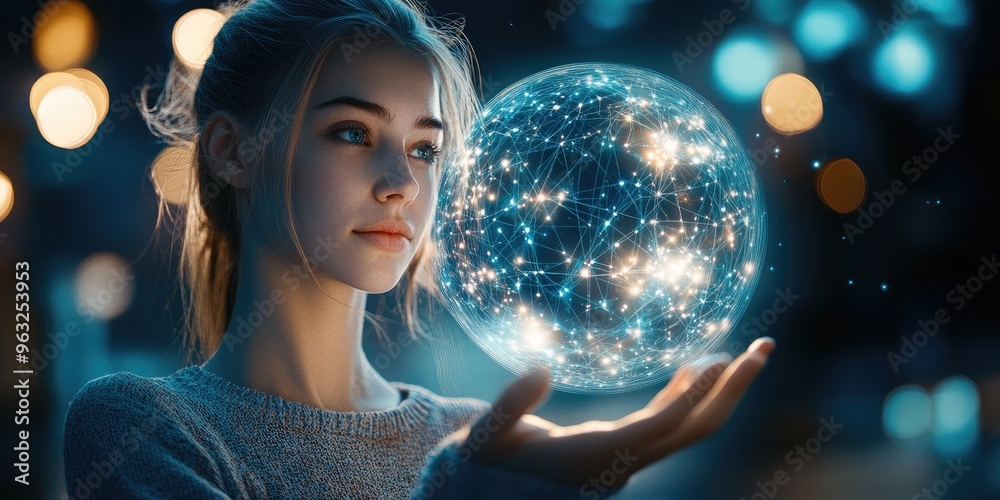 Naklejka premium Metaverse concept with a woman holding a global network icon, symbolizing wireless communication and futuristic technology.