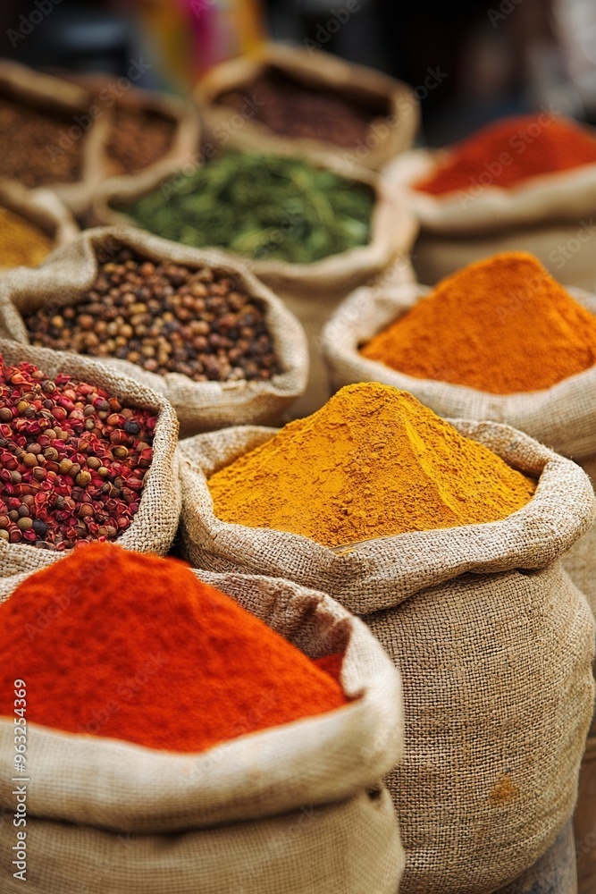 Bustling spice market with vibrant colors and diverse spices in sacks, spice market, cultural market