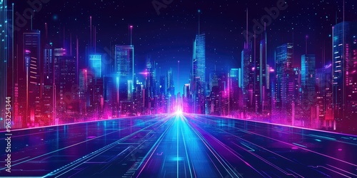 Vector illustration of a futuristic cityscape with neon lighting and urban architecture.