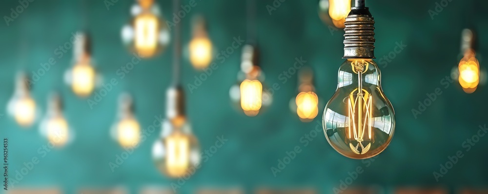 A close up shot of a hanging light bulb with several others in the background, creating a warm and inviting ambiance. Perfect for design projects related to energy, ideas, and creativity. A close up shot of a hanging light bulb with several others in the background, creating a warm and inviting ambiance. Perfect for design projects related to energy, ideas, and creativity.