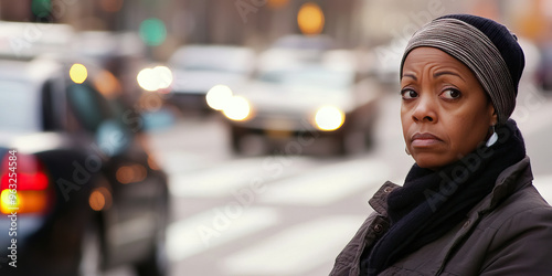 Quiet Rage: A composed woman sitting calmly at a crosswalk, surrounded by honking cars.