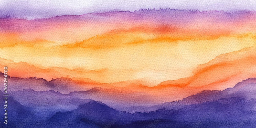 Abstract watercolor background showcasing a sunset in shades of orange and purple.