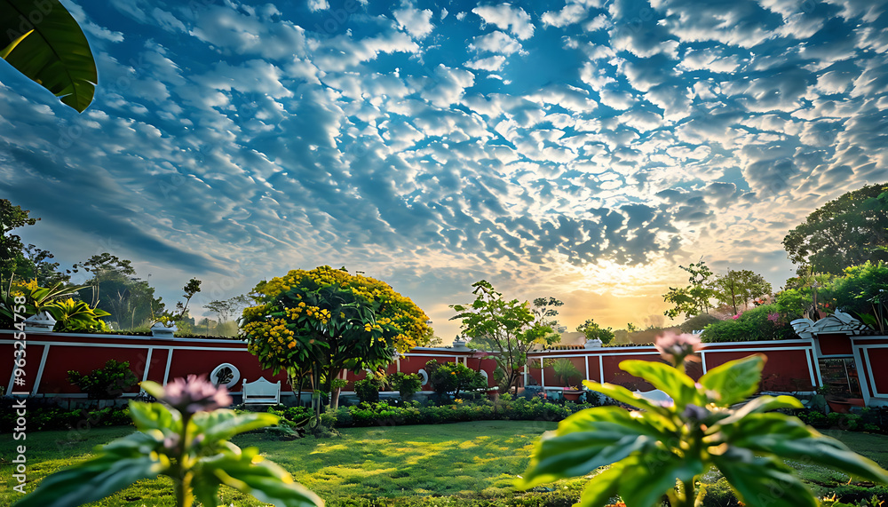 Obraz premium Sunlit serenity, a lush garden escape - Nature’s Harmony, sunset in bloom