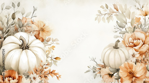 Watercolor autumn arrangement of pumpkins, fall flowers and leaves