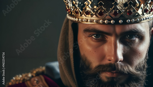 A majestic, bearded king with a crown on his head