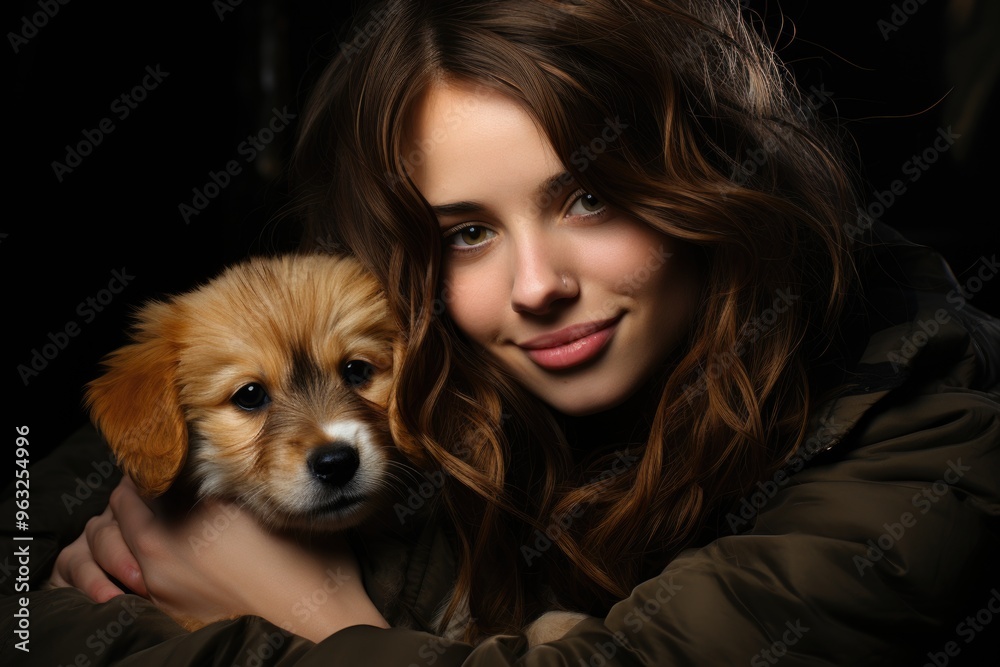 Concept of human and animal friendship. Joyful girl happy to win two puppies with , generative IA Concept of human and animal friendship. Joyful girl happy to win two puppies with , generative IA