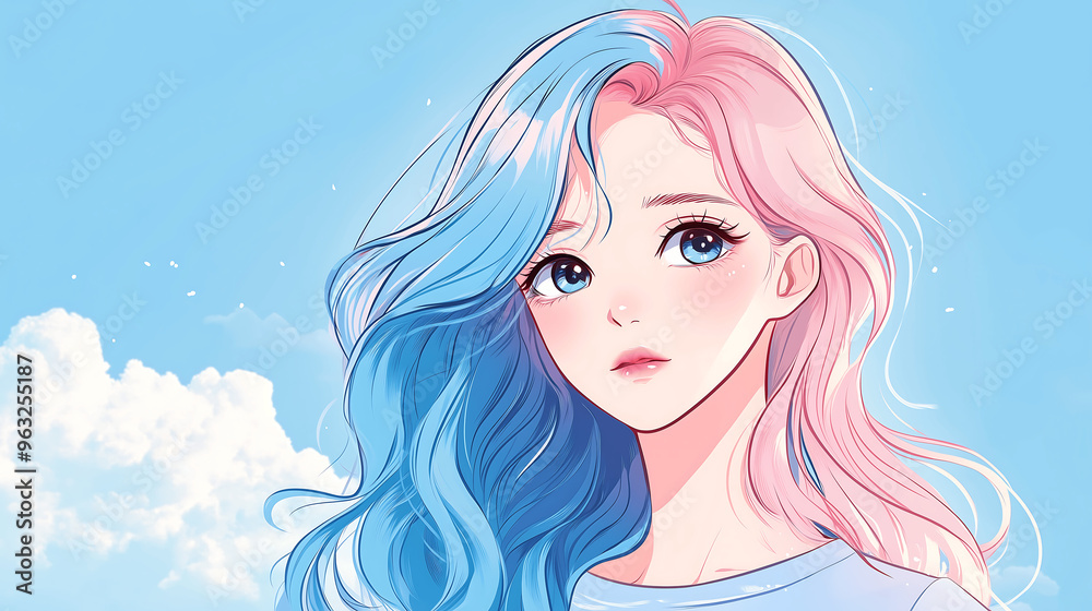 Anime Girl with Dual Colored Hair in Pastel Shades of Pink and Blue Against a Bright Sky Anime Girl with Dual Colored Hair in Pastel Shades of Pink and Blue Against a Bright Sky