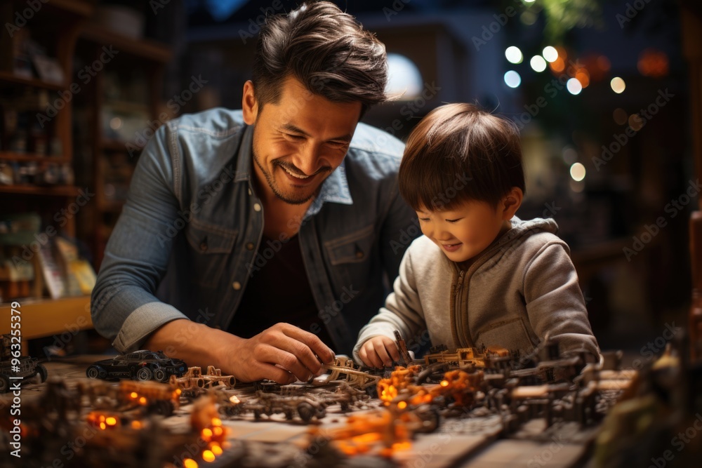 Son of artistic photo fixing toy cars with father, generative IA Son of artistic photo fixing toy cars with father, generative IA