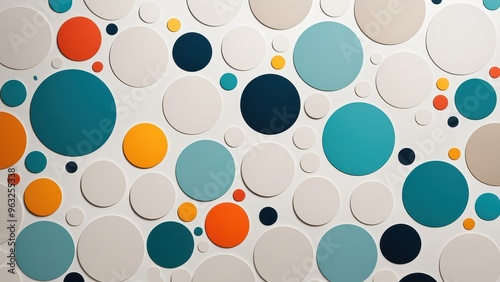 A colorful abstract design featuring various circles in different sizes and colors on a white background.