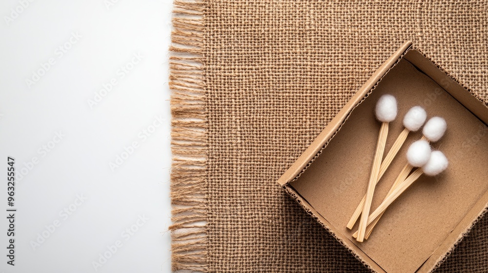 Fototapeta premium Wooden cotton swabs are neatly arranged in a kraft paper box, resting on jute fabric, illuminated by soft lighting that enhances the natural colors and fine details