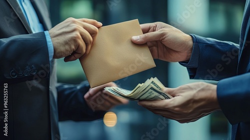 A man giving bribe money in a brown envelope to another businessman in a corruption scam
