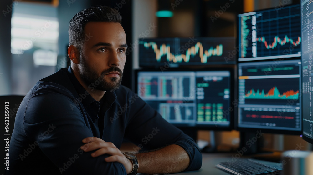 Individual at home, casually dressed, learning about stock market Individual at home, casually dressed, learning about stock market