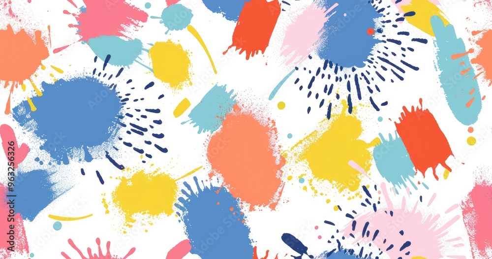 A vibrant abstract pattern with colorful paint splashes on a white background. A vibrant abstract pattern with colorful paint splashes on a white background.