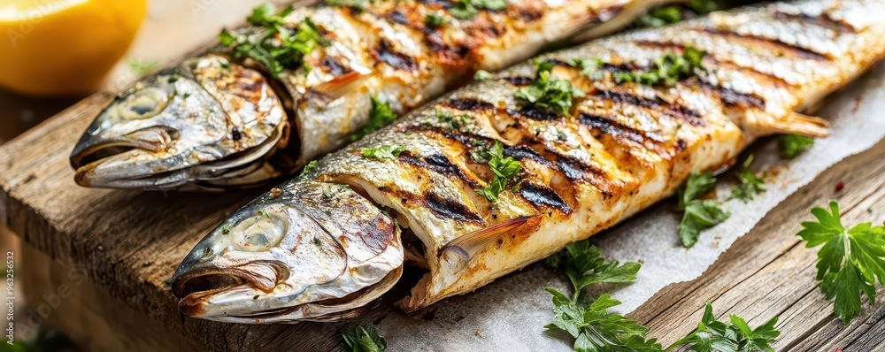 Two grilled whole fish with char marks, garnished with fresh herbs and served on a rustic wooden board for a flavorful, healthy meal. Two grilled whole fish with char marks, garnished with fresh herbs and served on a rustic wooden board for a flavorful, healthy meal.