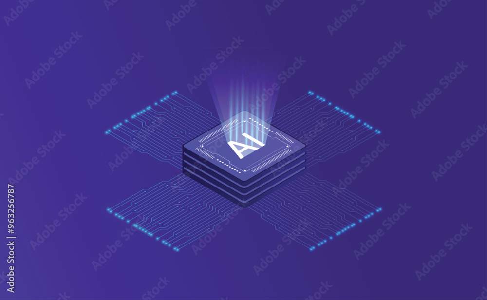 Fototapeta premium Artificial Intelligence, Isometric Vector banner for AI, Deep Learning, Machine Learning, and Technological Digital Brain Concepts,isometric banner,AI isometric, AI learning machine, ai icon.