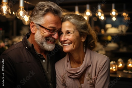 Happy couple portrait in love, hugging the kitchen and looking away, generative IA