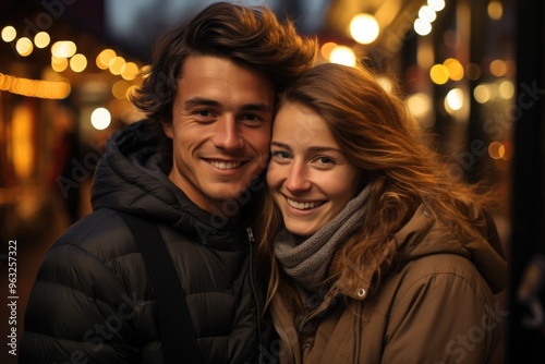 Portrait of a young man smiling couple hugging outdoors, generative IA