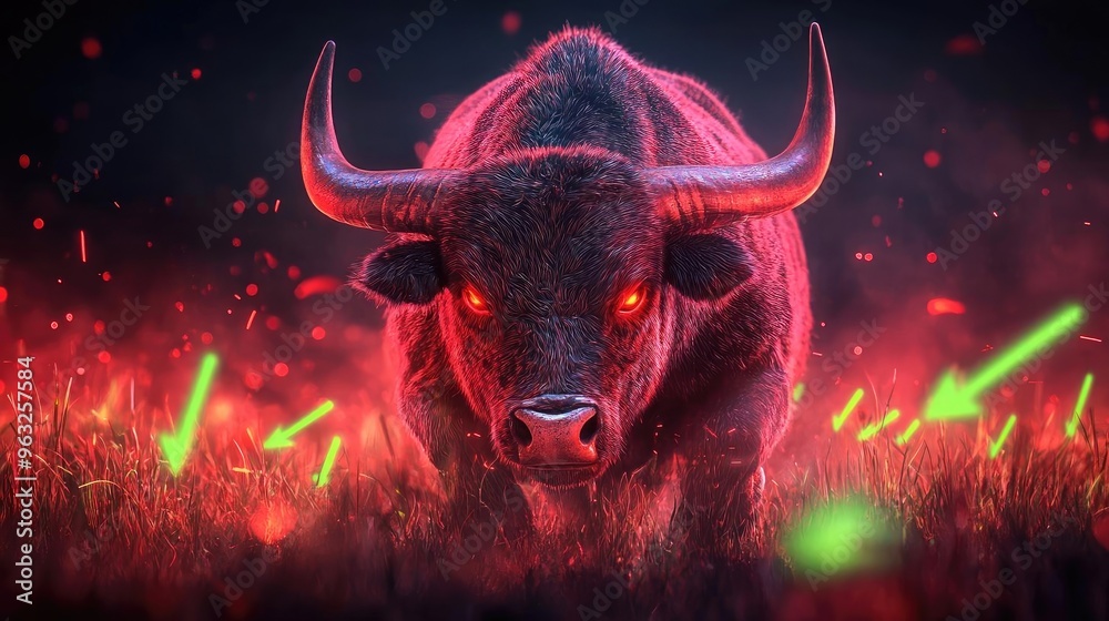 A powerful bull with glowing red eyes emerges from a vibrant landscape, embodying strength and intensity in a mystical setting. A powerful bull with glowing red eyes emerges from a vibrant landscape, embodying strength and intensity in a mystical setting.