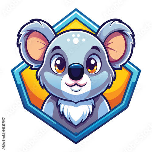 Cartoon Koala Mascot with Blue and Yellow Geometric Frame photo