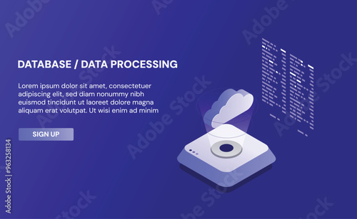 Big data flow processing concept, cloud database, isometric vector, web hosting and server room icons ultraviolet, cloud storage isometric, Isometric Vector of Cloud Databases
