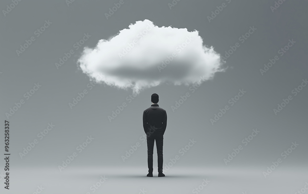 Conceptual Image of a Man Standing Under a Cloud Symbolizing Thought, Imagination, or Dreamlike States Conceptual Image of a Man Standing Under a Cloud Symbolizing Thought, Imagination, or Dreamlike States