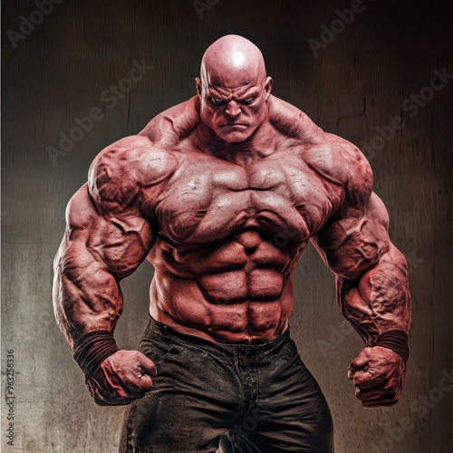 A muscular bodybuilder posing confidently in a dark gym setting