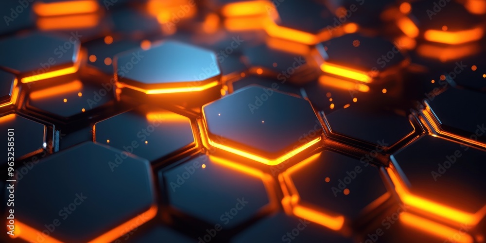 Hexagonal pattern background with glowing lights.