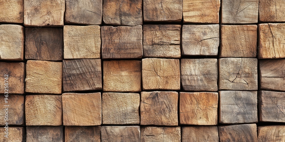 Natural wall texture made of square timber blocks.
