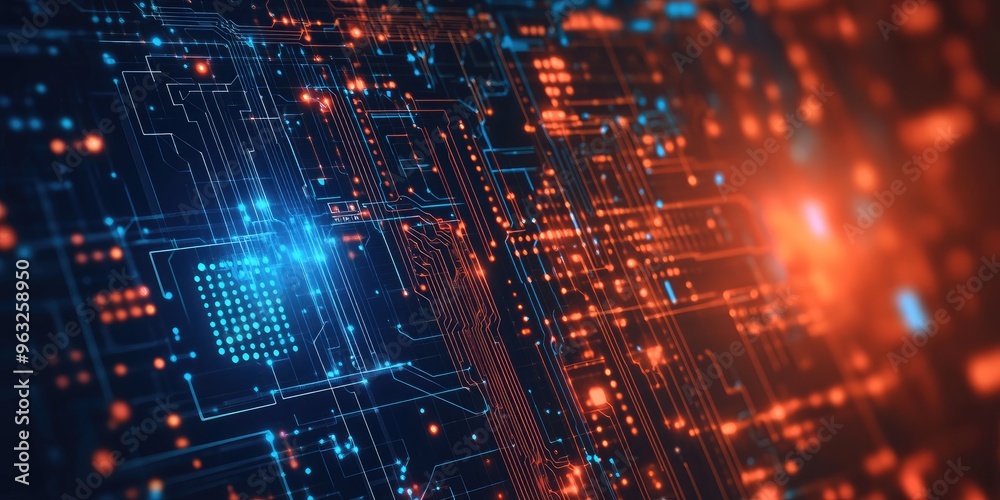 Cyber technology concept with a circuit board background, focusing on big data, IoT, and digital innovation. Cyber technology concept with a circuit board background, focusing on big data, IoT, and digital innovation.