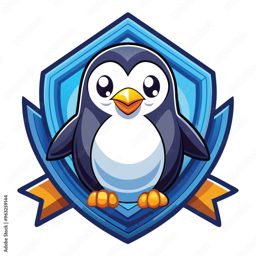 Obraz premium Cute Cartoon Penguin with a Blue Shield and Orange Ribbon