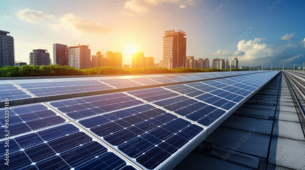 Fototapeta premium Solar Panels on Rooftop with City Skyline at Sunset